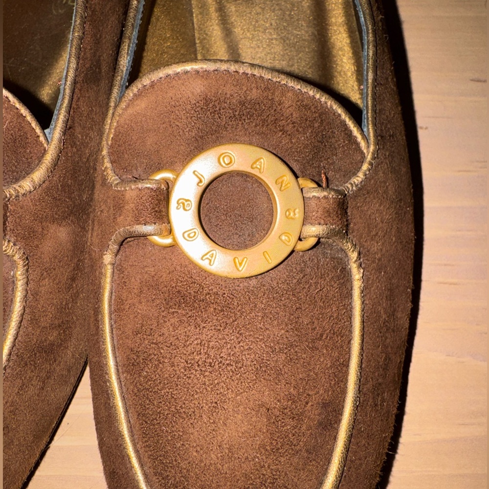 Joan & David Italian Brown Suede Loafers with Gold Detailing - Picture 2 of 10